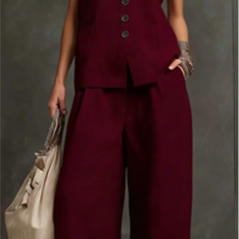 Women Solid Buttons Vest + Pocket Wide-leg Pants Suit Women Casual Two Piece Set