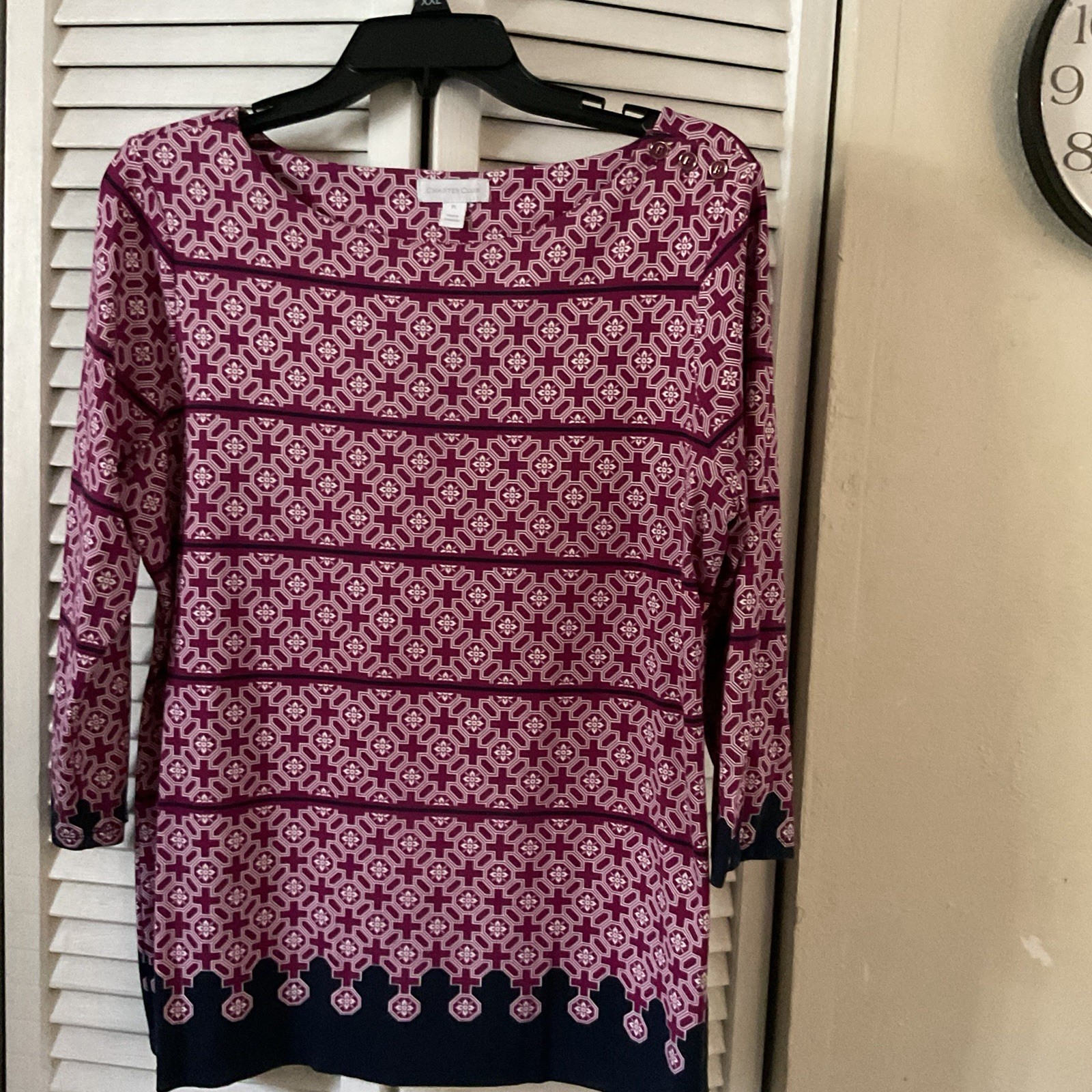 Liz Claiborne Tunic Top M Pink/Navy Geometric Boat Neck 3/4 Sleeve Knit