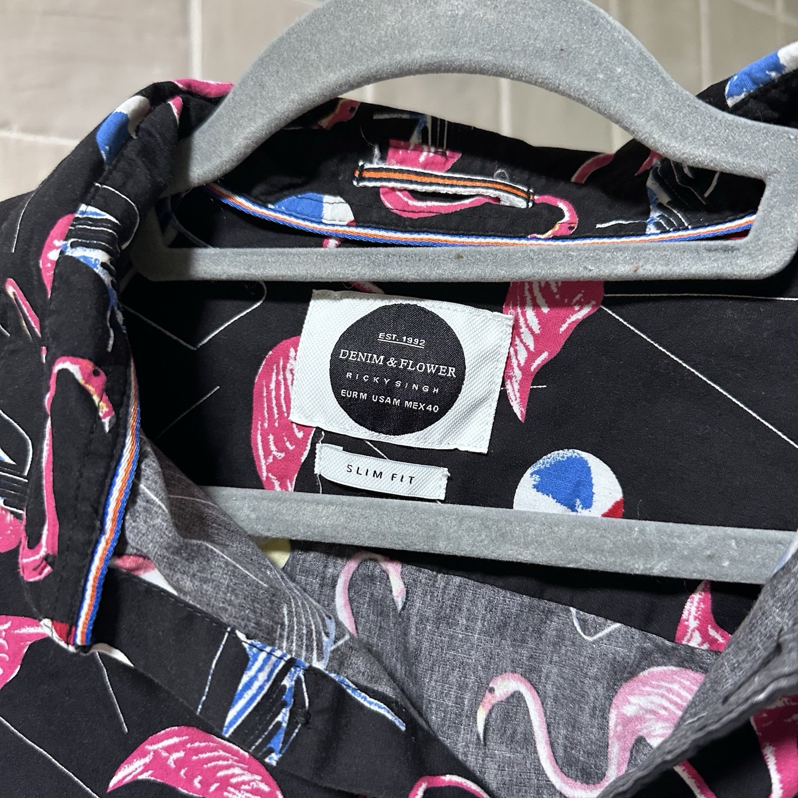 Denim & Flower black flamingo button up shirt Size M