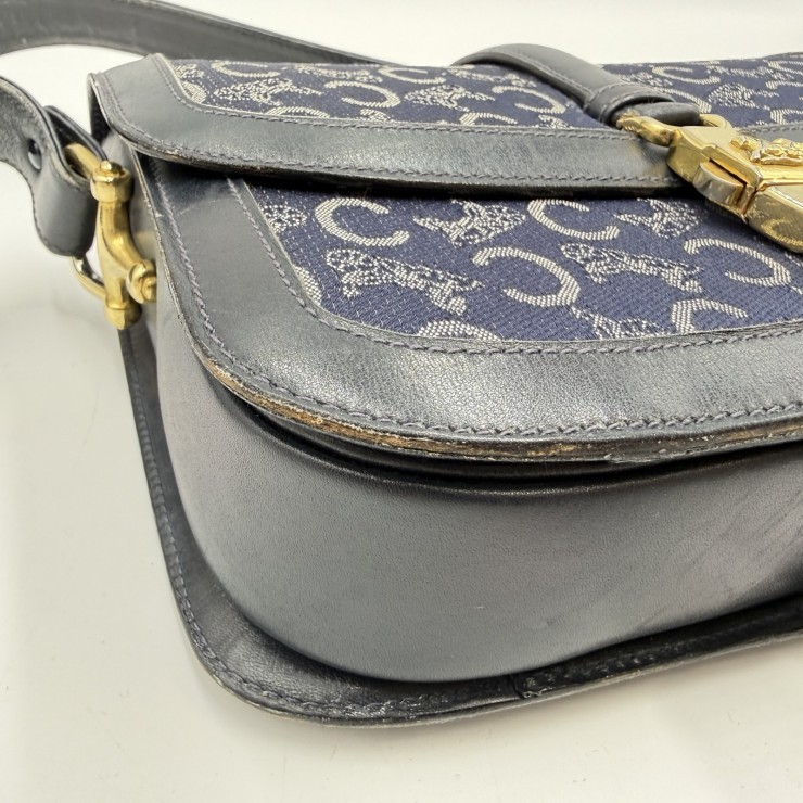 CELINE Sulky C Macadam Vintage Shoulder Bag Navy Canvas and Leather Gold-ton…
