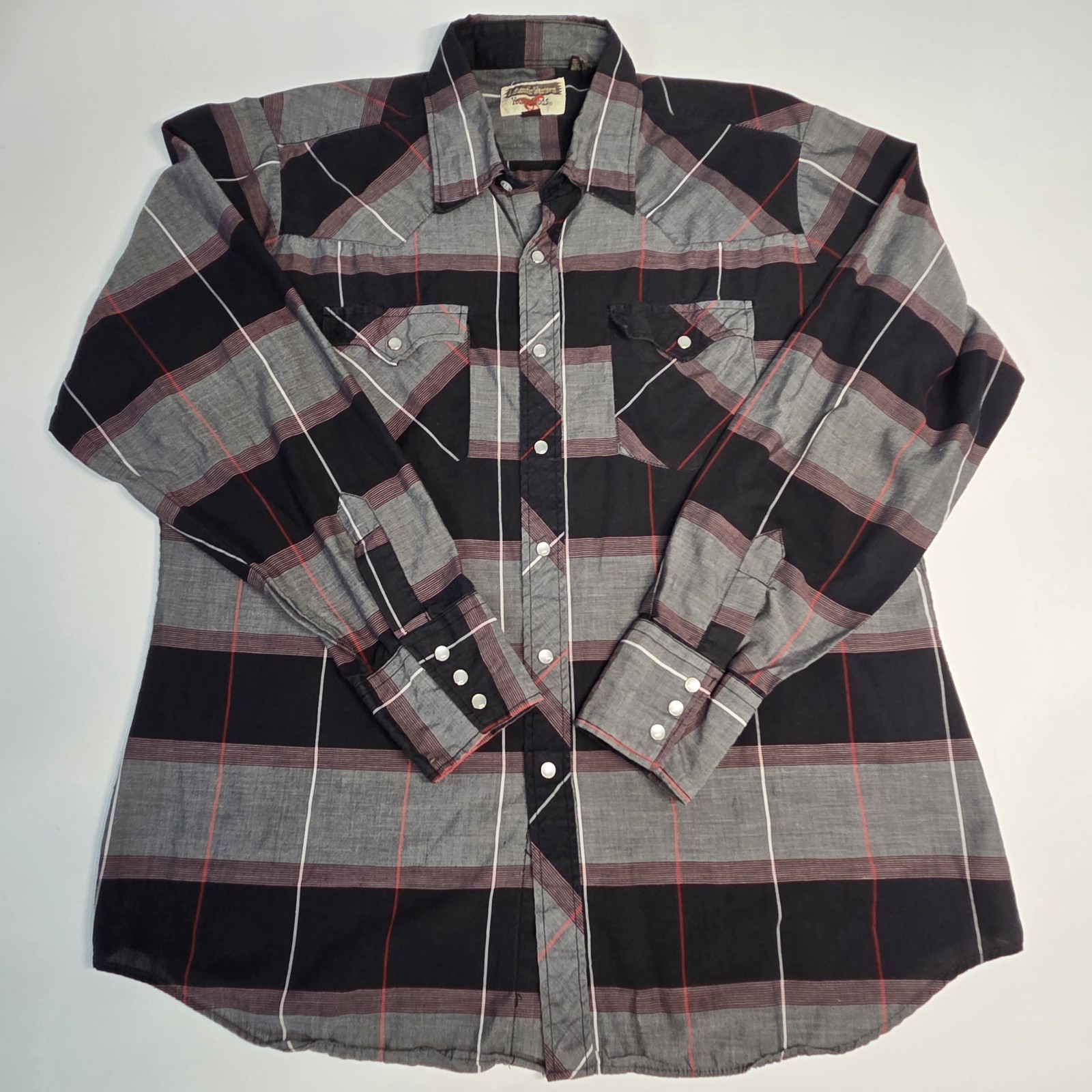 Authentic Western Youngbloods Pearl Snap Shirt Mens Large Gray Black Plaid Long