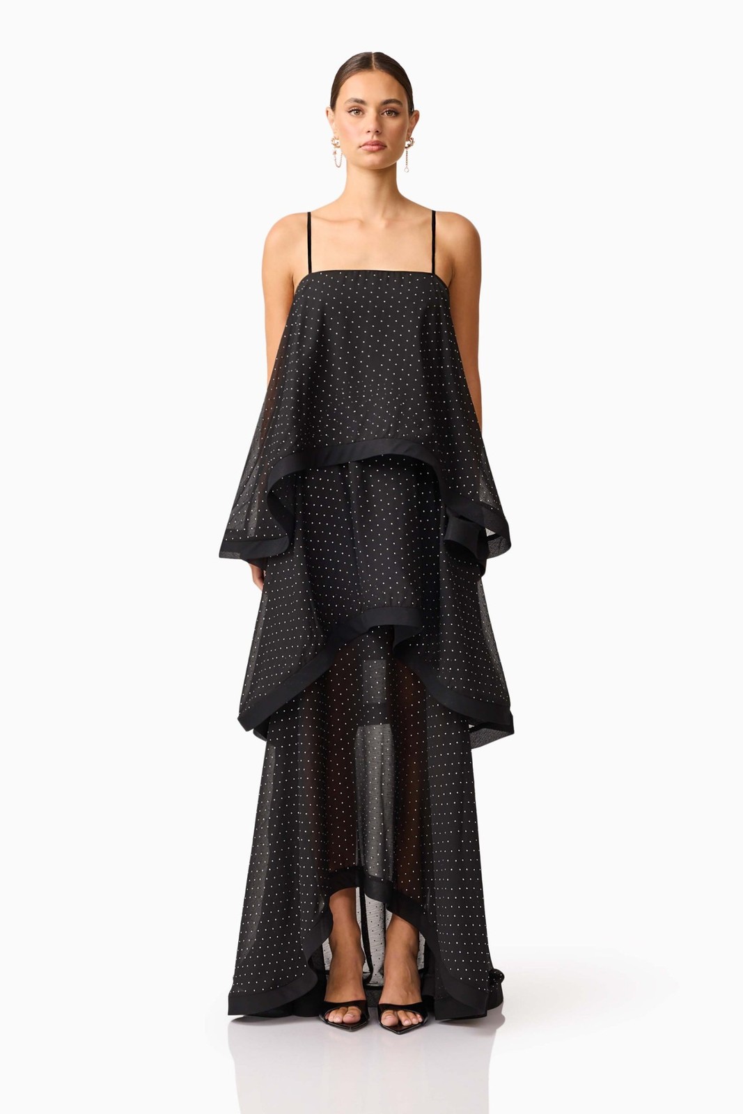 Elliatt Moss Tiered Embellished Gown Sz L Black $398