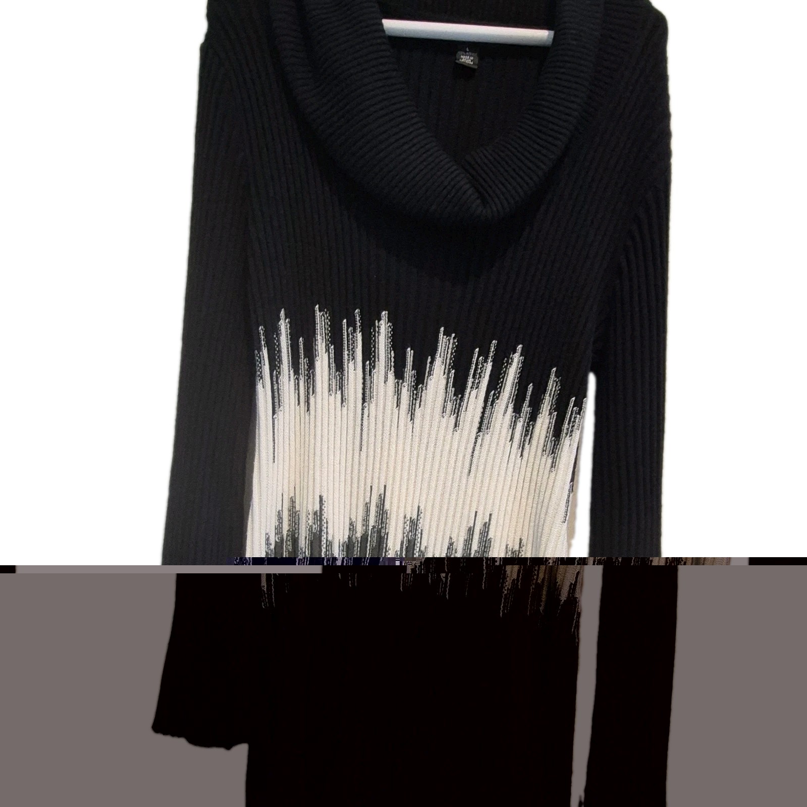 Women’s Black White Gray Abstract Ribbed Knit Cowl Neck Sweater Dress L
