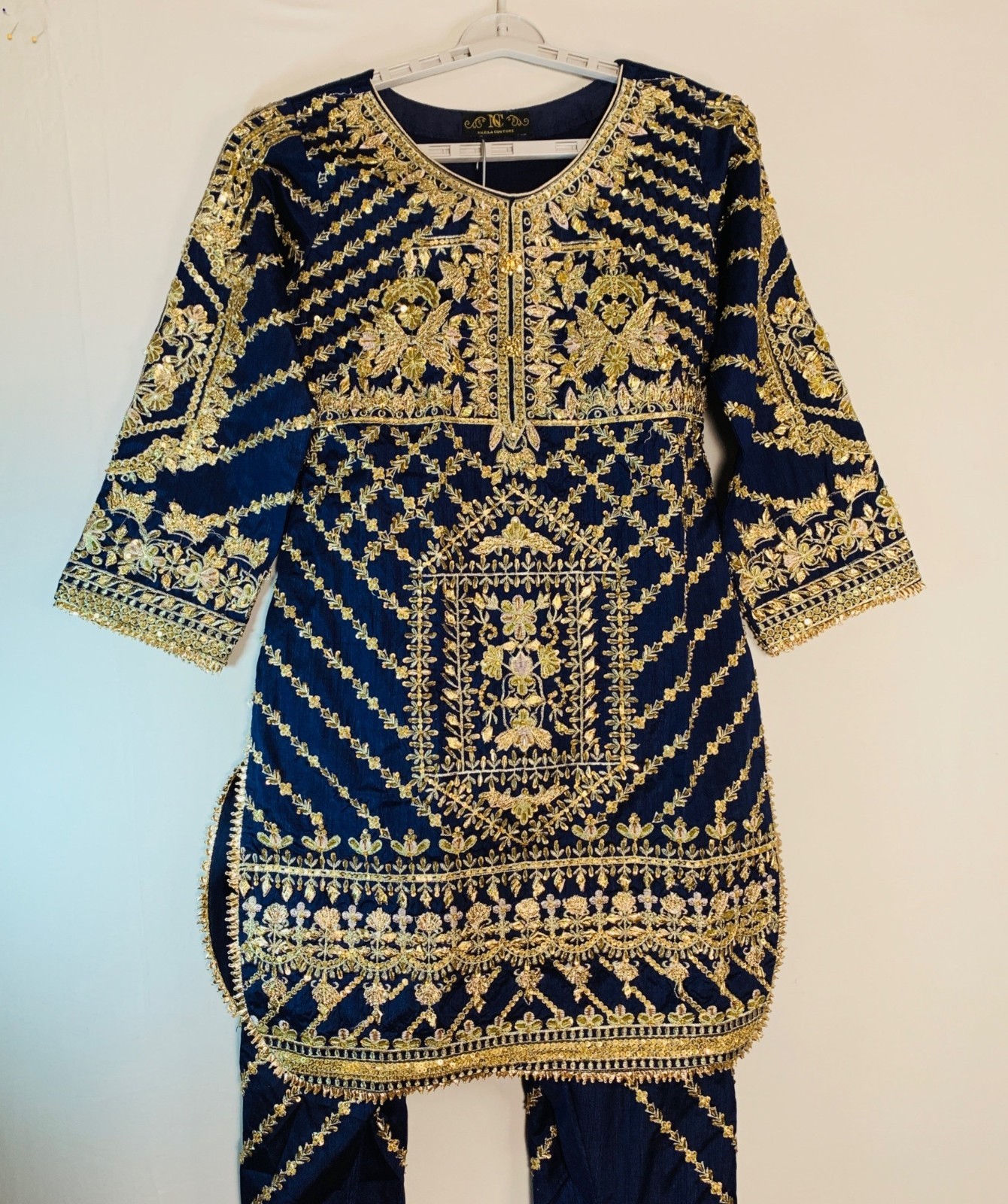Nazila Couture size Small Embroidered Navy Blue Kurta & Salwar Set NWOT