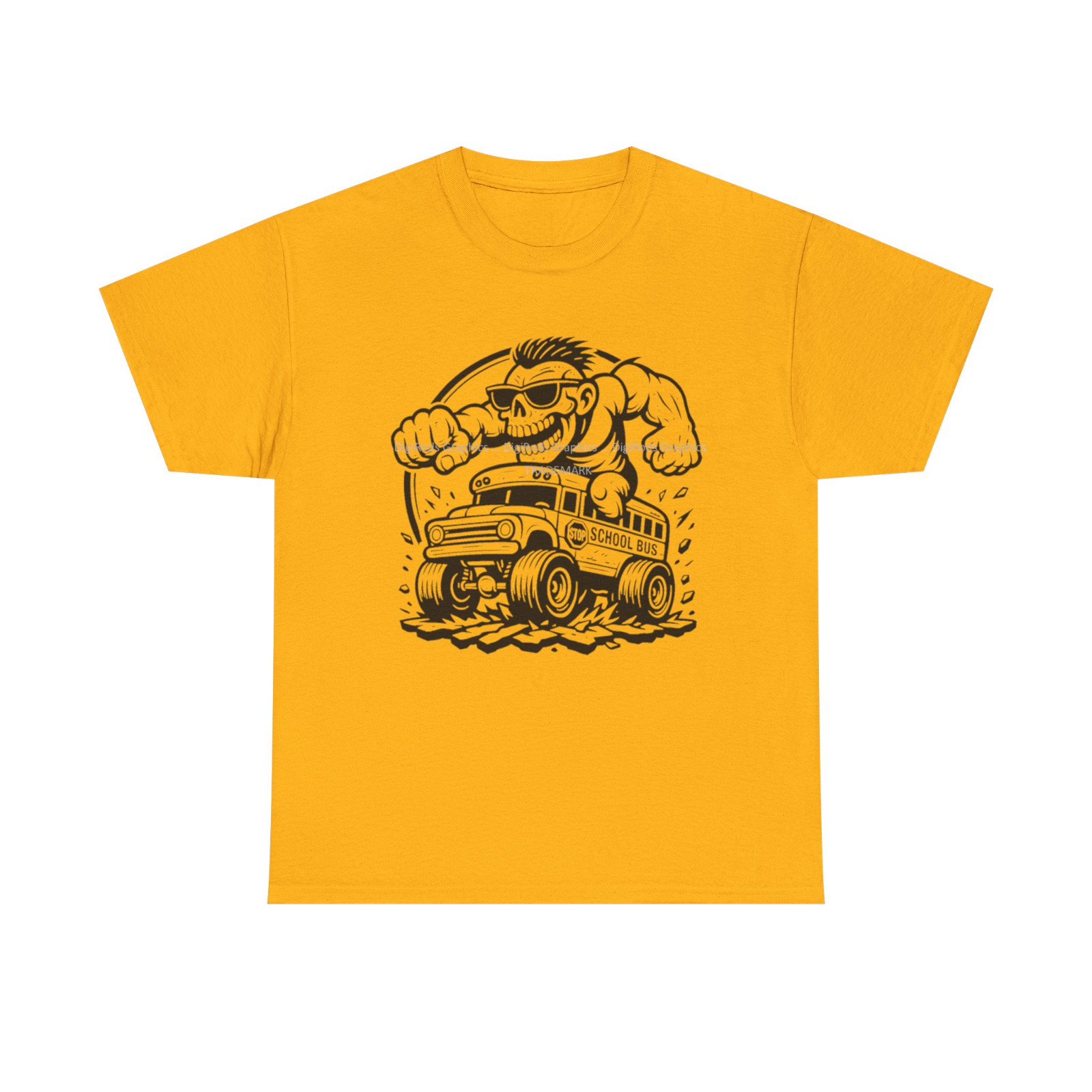 DigiRods Zombie Crazy Hot Rod School Bus Driver Cartoon Car Gold T Shirt