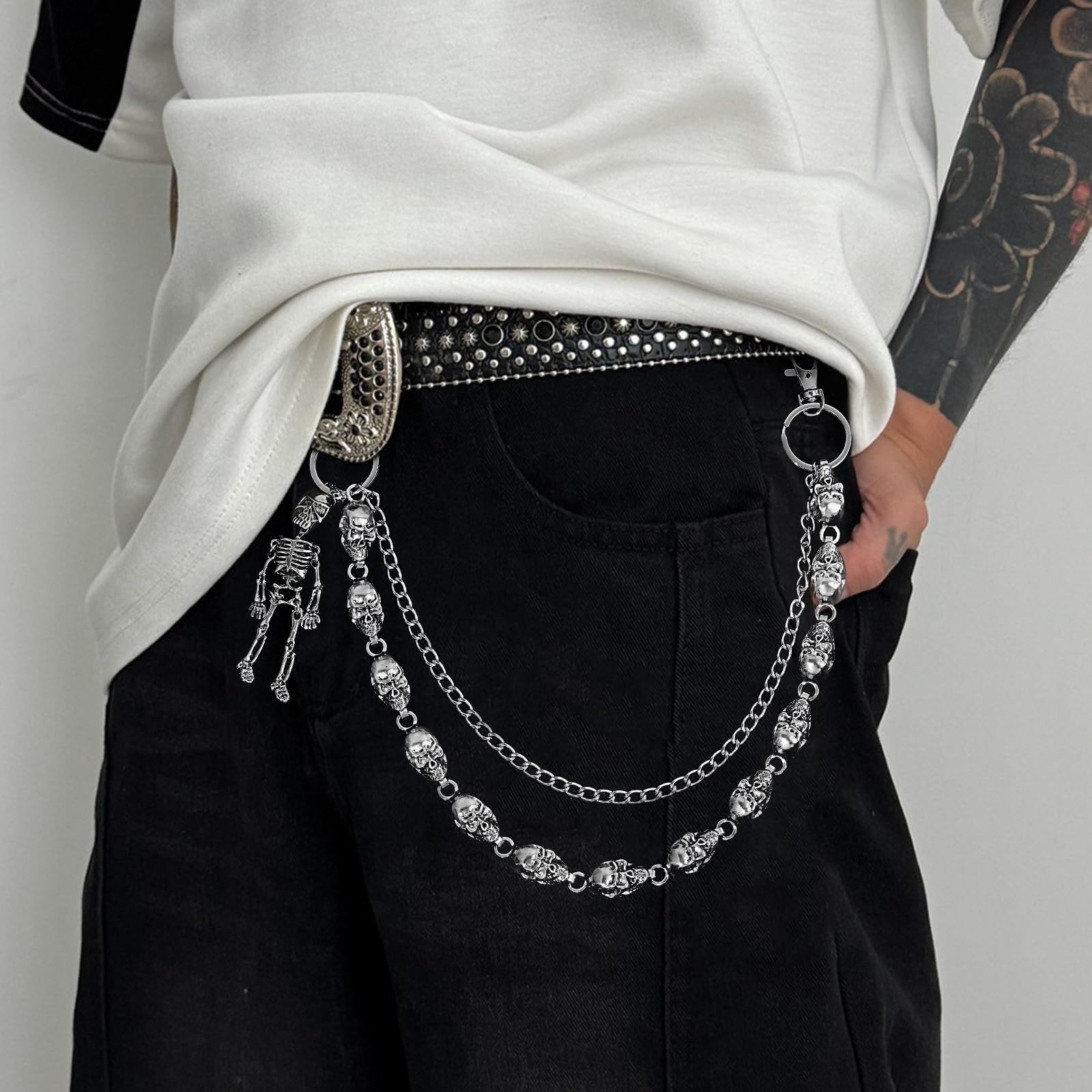 2 PCS Skull Pants Chain for Men Women Wallet Chains Standard, Silver