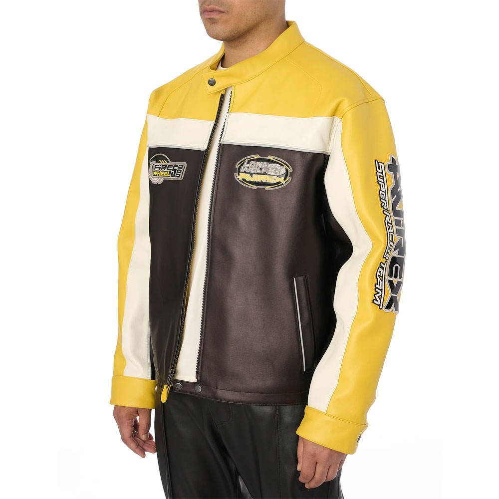 Avirex Racing Leather Jacket Men Super Racer Team Lone Wolf Biker Coat Yellow