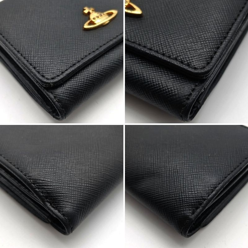 Vivienne Westwood SMALL FRAME WALLET Orb Tri-fold purse Saffiano Leather Black