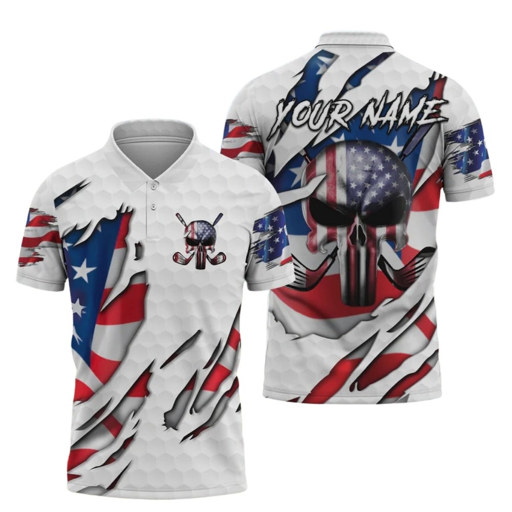 Custom Name Skull American Flag Golf AOP Shirt Polo Shirt Fullsize S-5XL