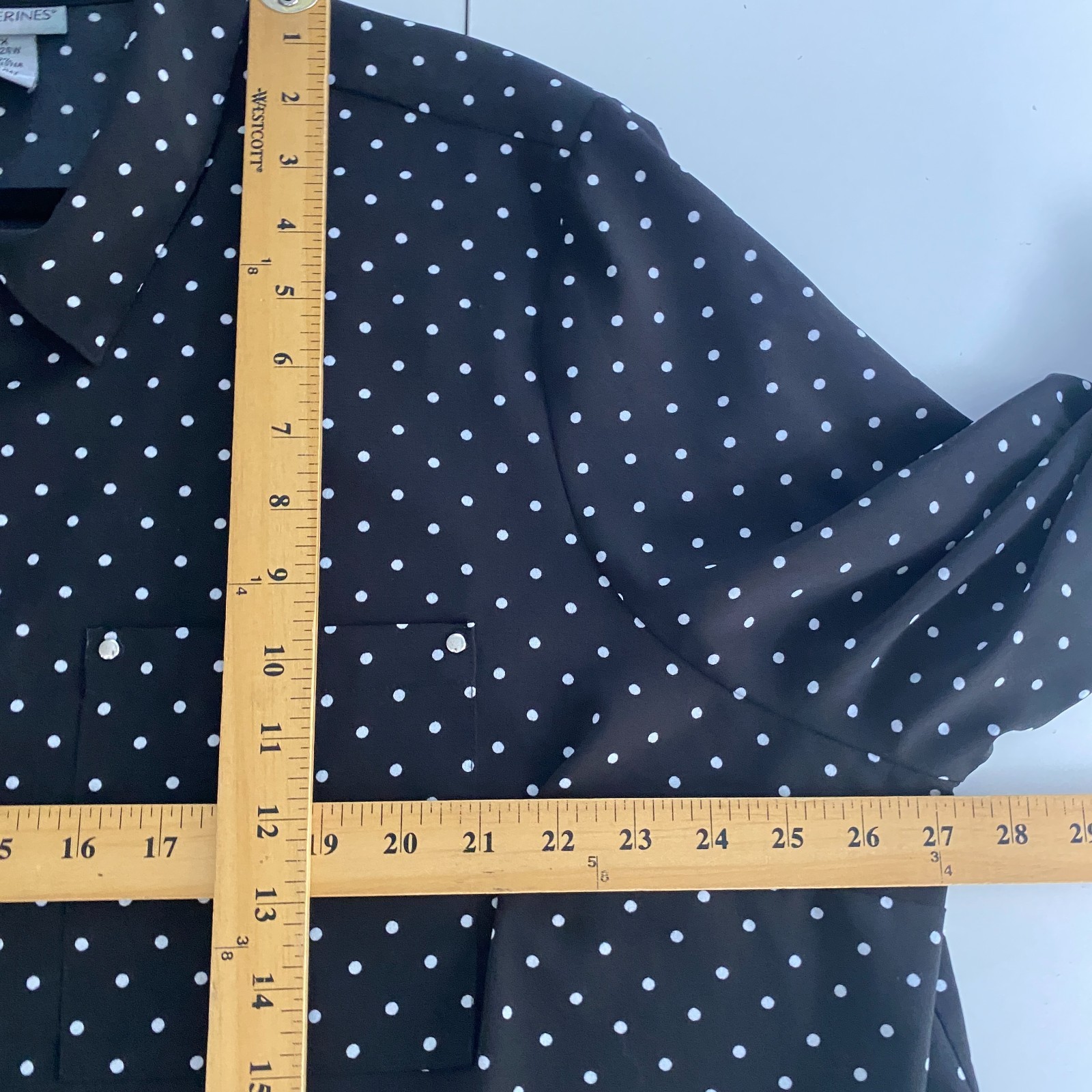 Catherines Popover Half Zip Blouse Size 2X Black White Polka Dot Stretch Tunic