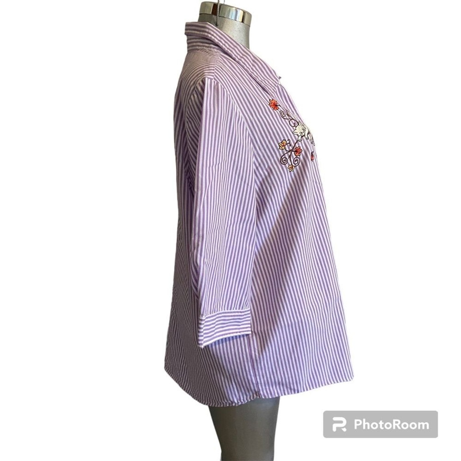 Blair Cat Pinstriped Shirt 3/4 Sleeve Oversized XL Lavender Kitty Leaves Teacher