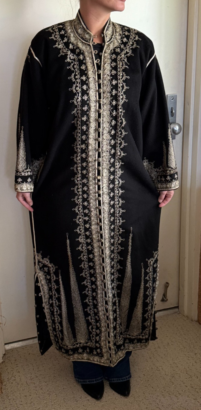 Vintage Handmade Black Wool Caftan Hand Embroidered Artisan Ceremonial Robe Maxi