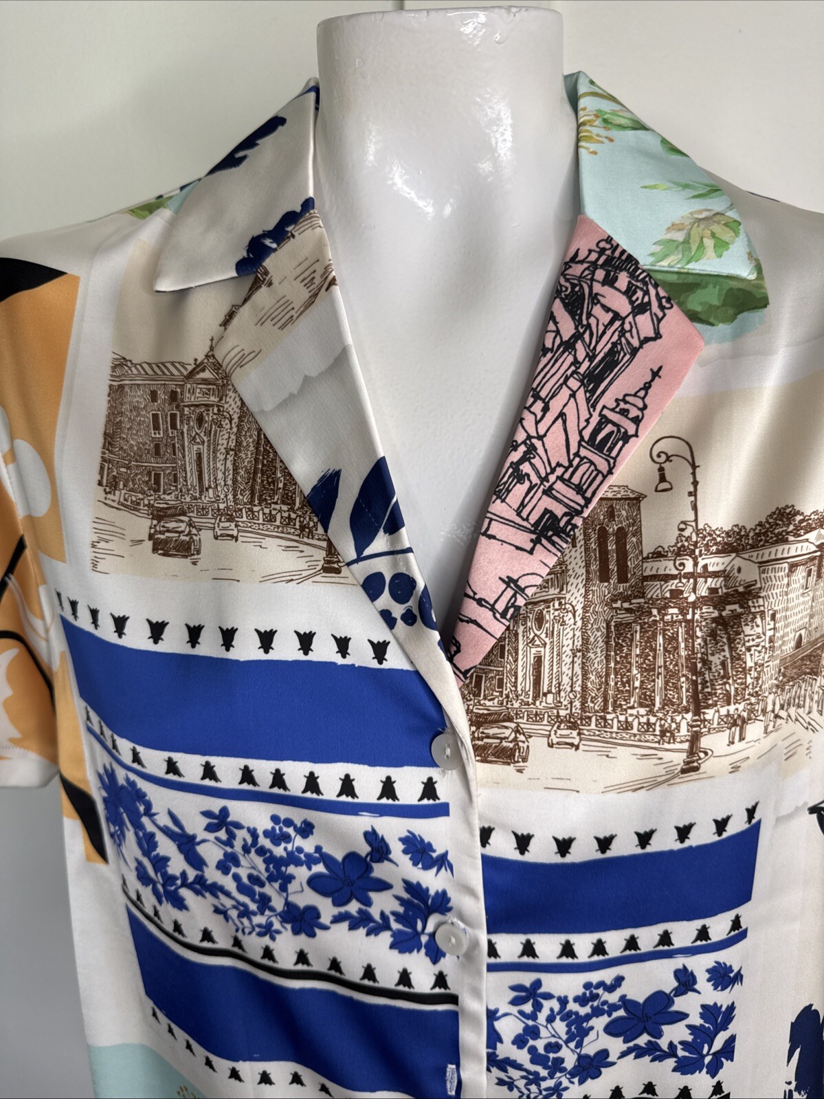 JOIE Womens Size S Multi Print Short Sleeve Button Blouse Polyester Spandex