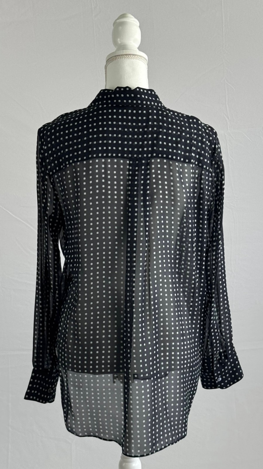 Theory 100% Silk Chiffon Blouse, Sheer Square Print, Size L