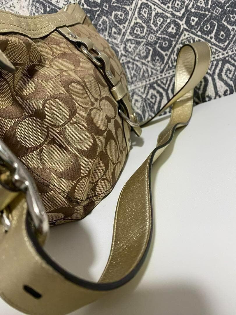 COACH Signature Monogram Canvas Leather Crossbody Shoulder Bag Brown 31cm W Auth