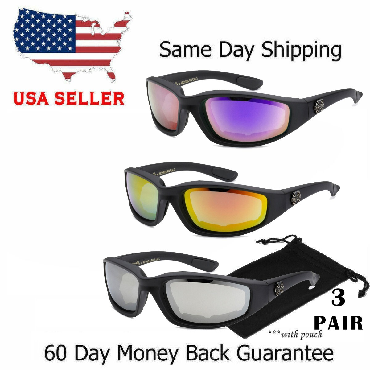 1/3 Pair Motorcycle Sports Biker Riding Glasses Padded Wind Resistant Sunglasses