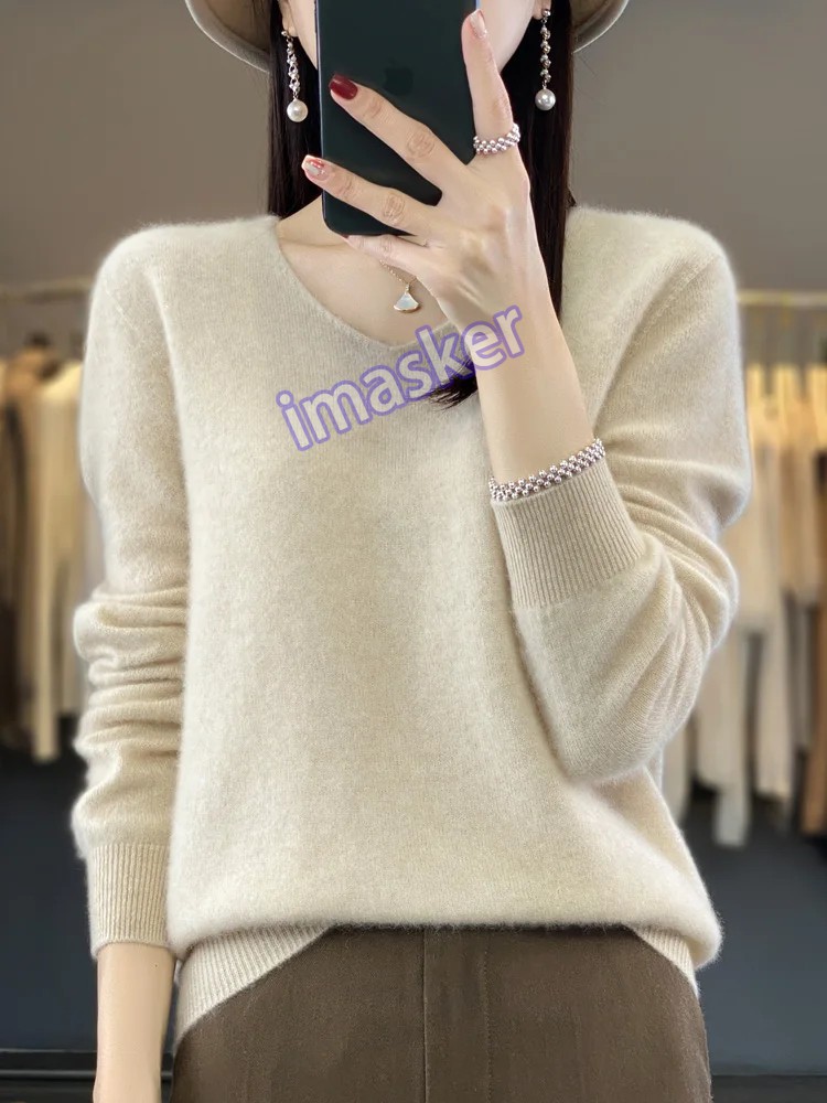 Women’s V-neck Pullover Sweater Knitwear Soft Warm Cashmere Loose Grace Style