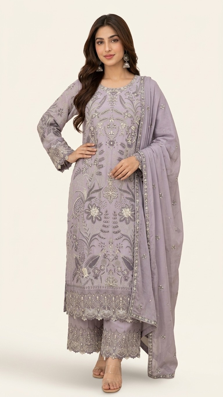 Women Lavender Embroidered Silk 3 Piece Suit-Chiffon Dupatta-Pakistani Ethnic