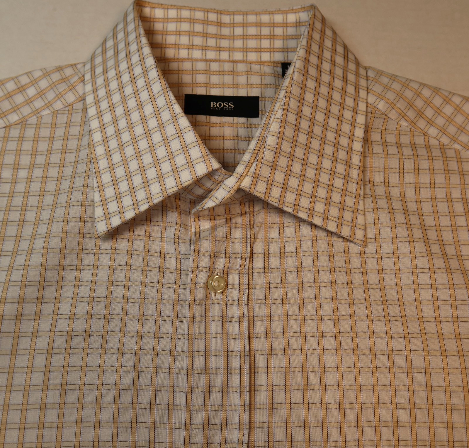 NWOT Hugo Boss Mens 16×32/33 Sharp Fit Dress Shirt Beige White Plaid 100% Cotton