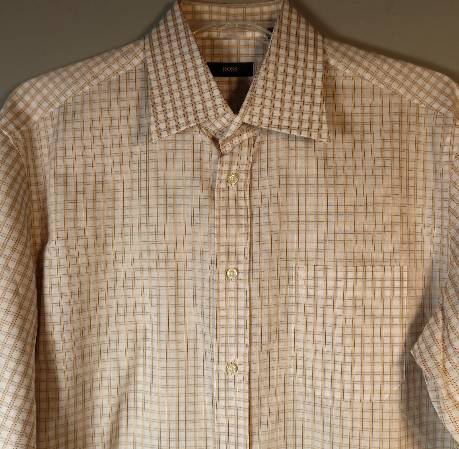 NWOT Hugo Boss Mens 16×32/33 Sharp Fit Dress Shirt Beige White Plaid 100% Cotton