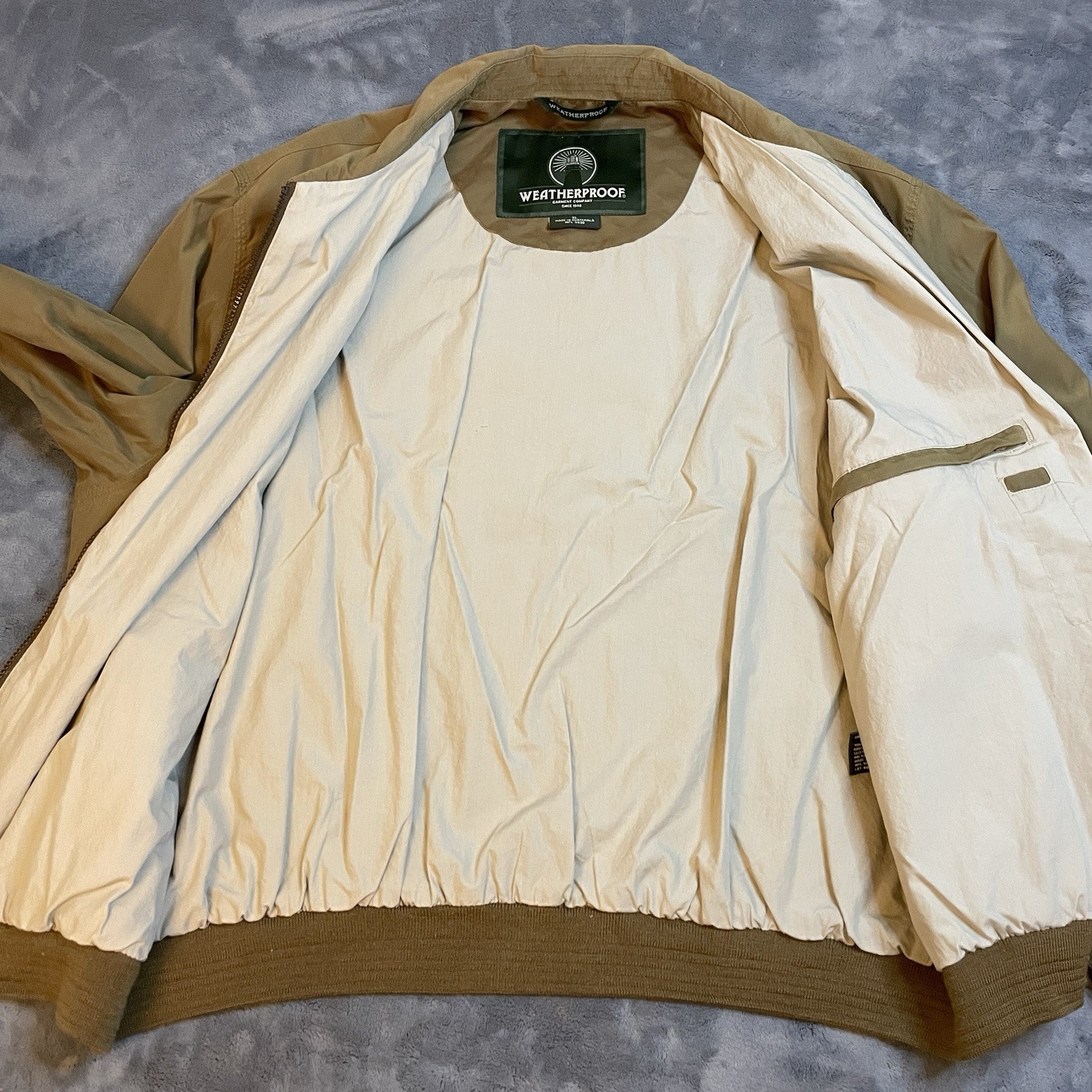 Vintage Weatherproof Bomber Jacket Windbreaker Mens XL Tan Zip Up Pockets Casual