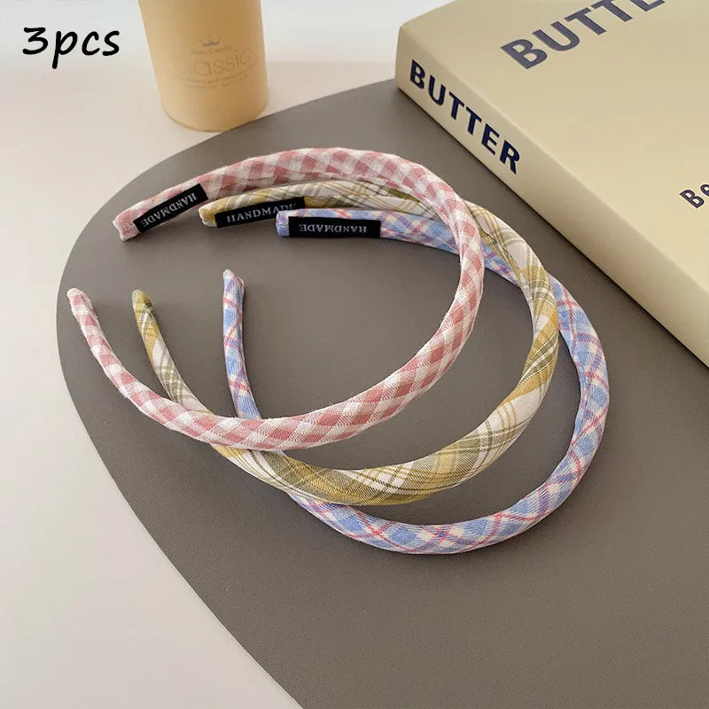 1/2/3pcs Spring Summer Women Solid Color Head Hoop Princess Girls Sweet Plaid Cl