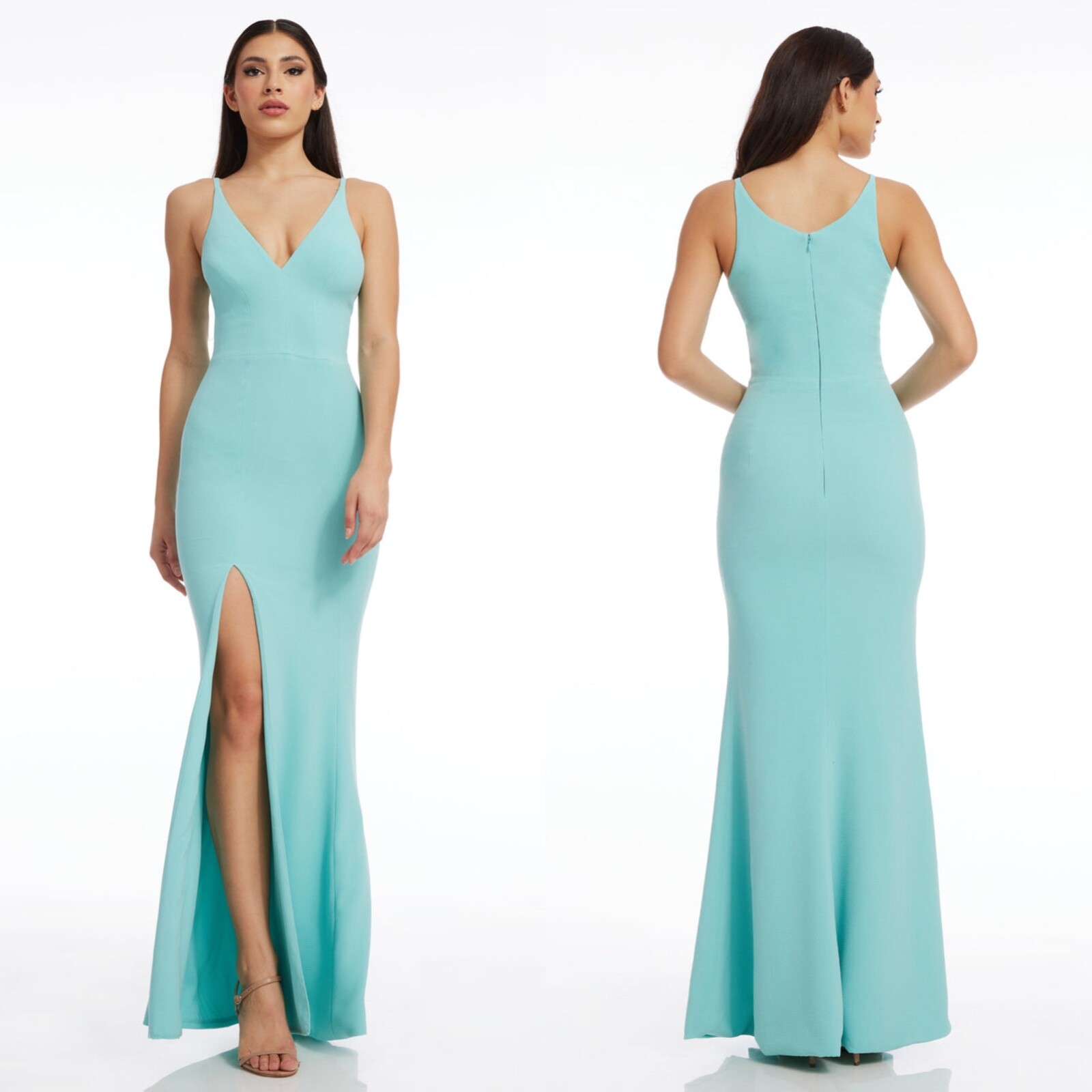 NEW DRESS THE POPULATION Tranquil Blue PLUNGE NECK Iris SLIT Crepe GOWN S