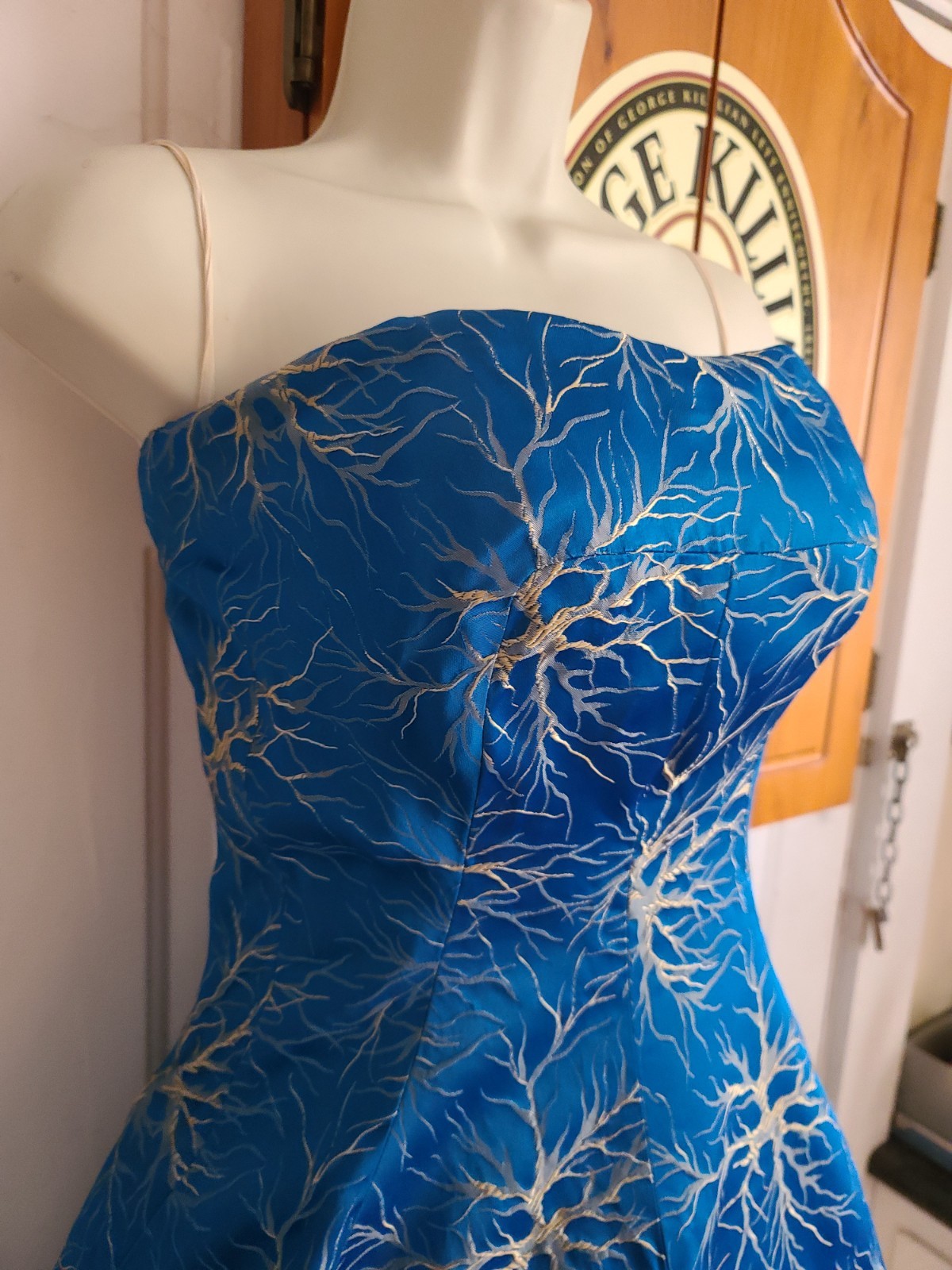 Rare VTG 50s FRANK USHER Blue Metallic Lightning/Branch/Neuron Jacquard Dress
