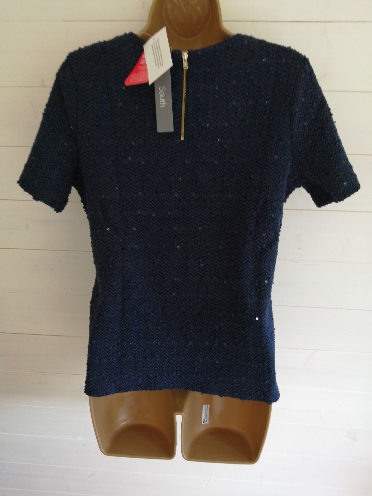 Navy Blue Top Size 12 sequin stretchy fully lined short sleeves NEW