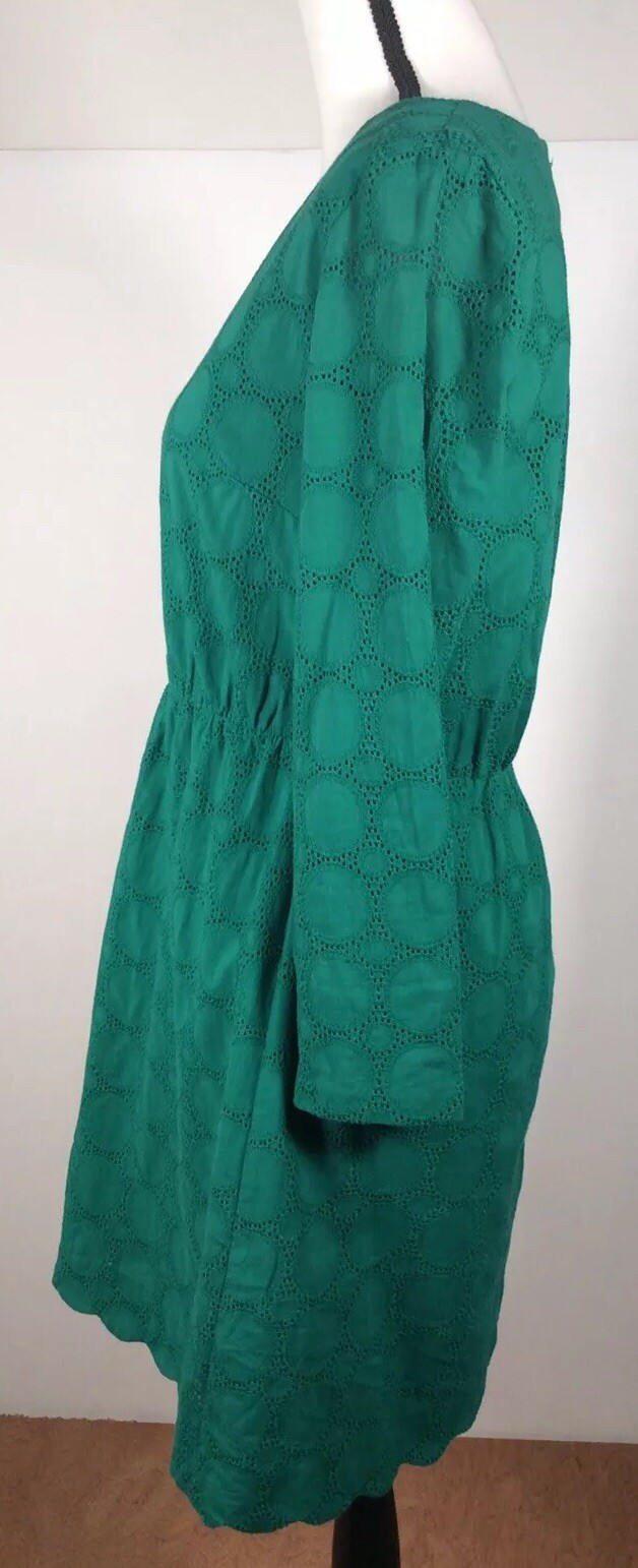 J Crew Dress Women 4 Green EYELET Long Sleeve Preppy Old Money Back Zip Lined