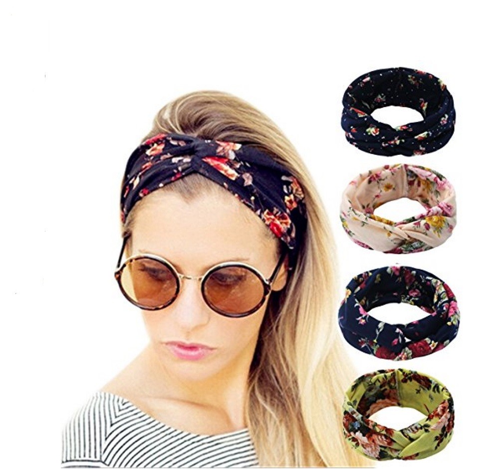 4-Pack Floral Print Turban Headbands – Women’s Elastic Twisted Hair Bands