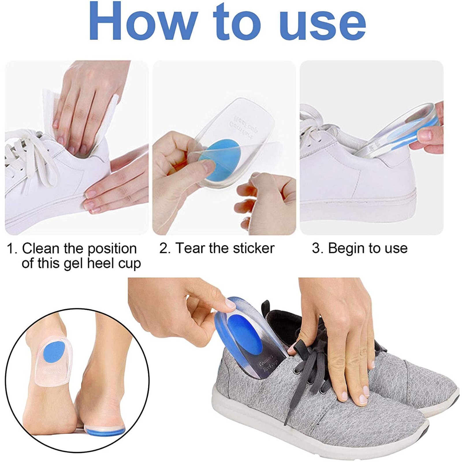 1 Pair Heel Support Gel Silicone Cushion Orthotic Insole Plantar Care Heel Cups
