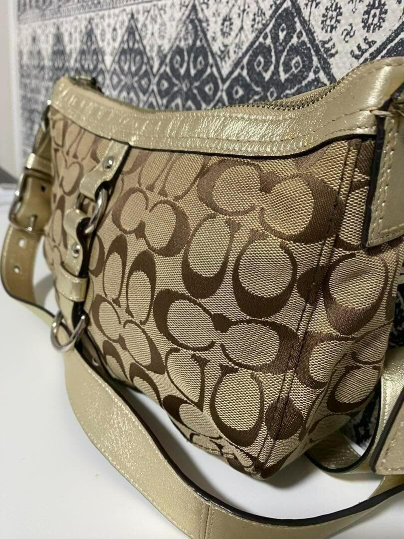 COACH Signature Monogram Canvas Leather Crossbody Shoulder Bag Brown 31cm W Auth