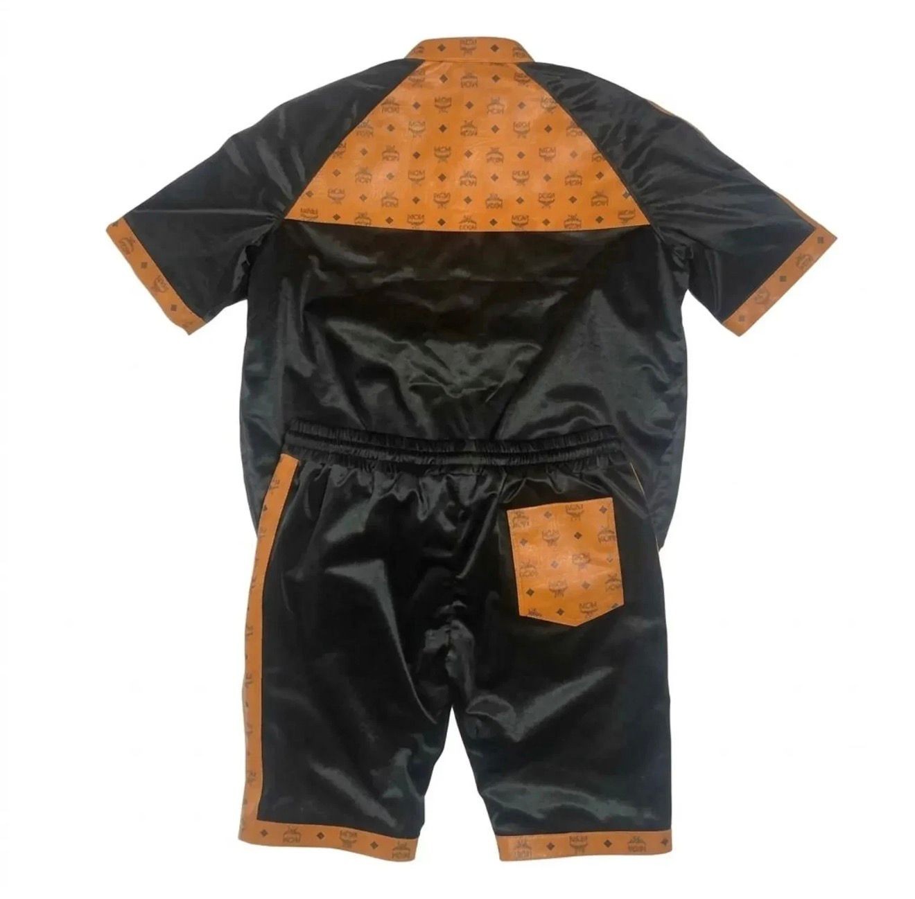 MCM Men’s All Black Leather Short Sleeve Track Suit Set Zip Up Top & Shorts