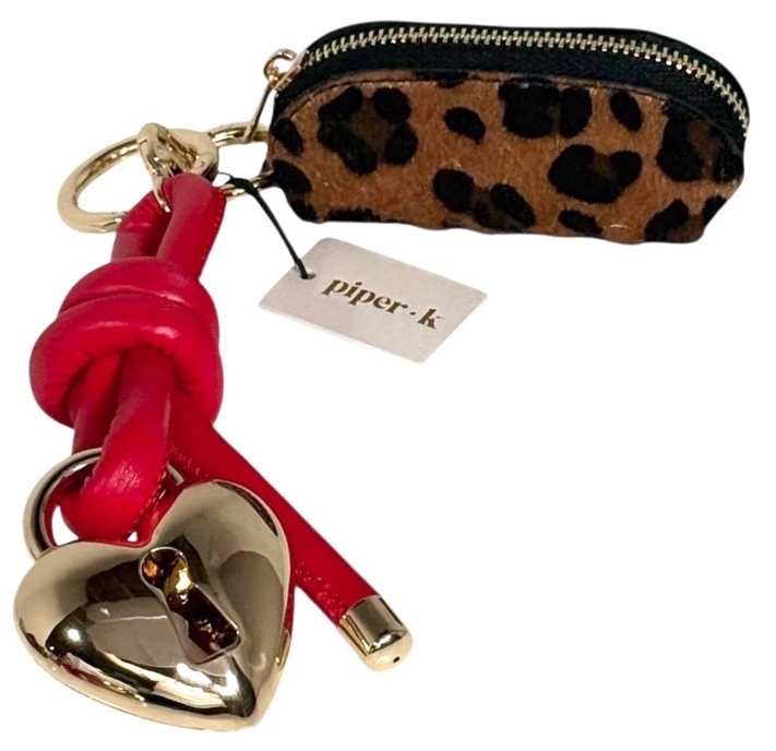 Piper K Leopard Print Mini Coin Purse Handbag Charm Gold Key Ring Heart Red Rope