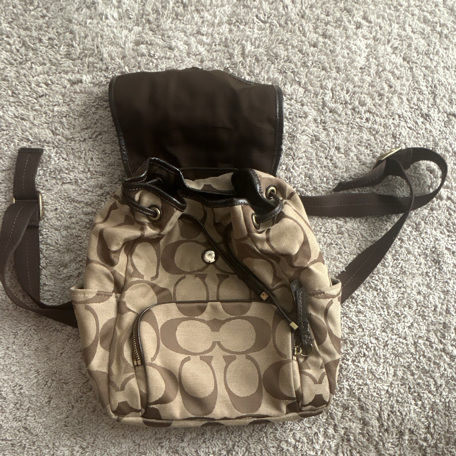 Coach Women’s Brown/Beige Logo Drawstring & Zip Backpack, Outer Pockets