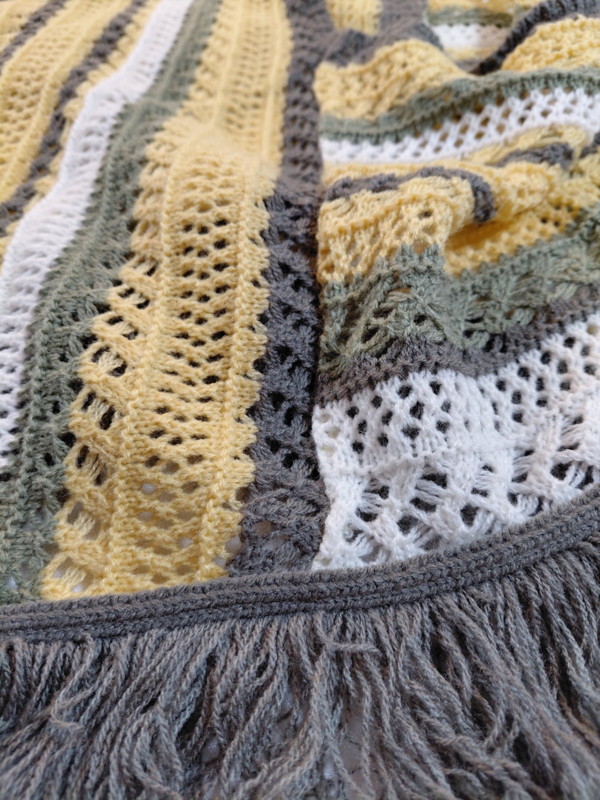 Bohemian Striped Yellow, Gray Acrylic Girls Poncho Large Fringe Made In USA