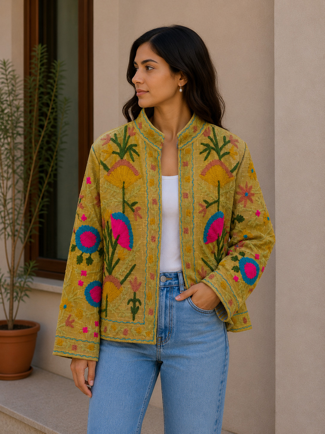 Yellow Floral Cotton Suzani Jacket Handmade Embroidered Festival Coat & Jackets