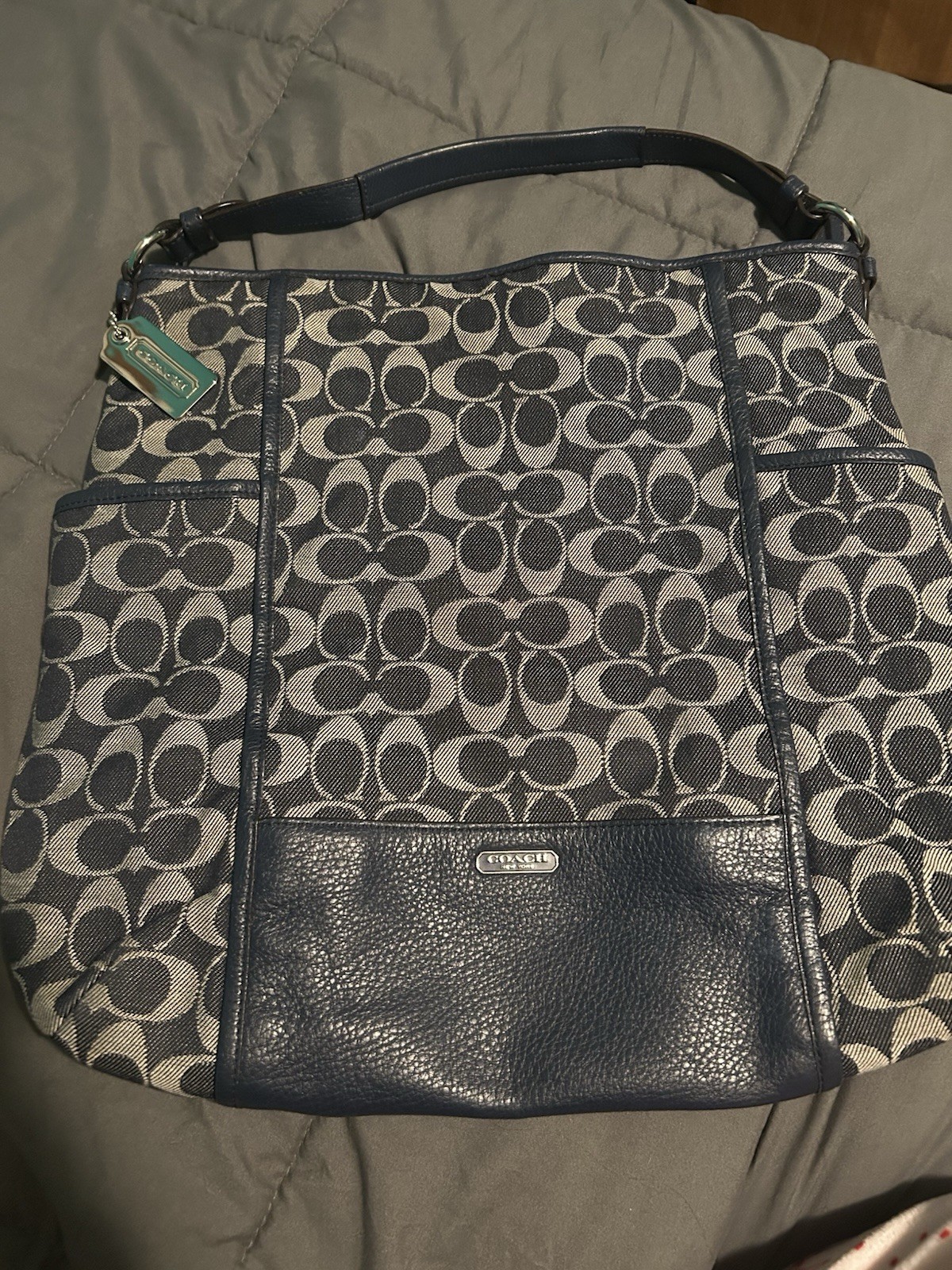 Coach Signature Monogram Shoulder Bag Purse Blue/Gray Zip Bag Charm Medium