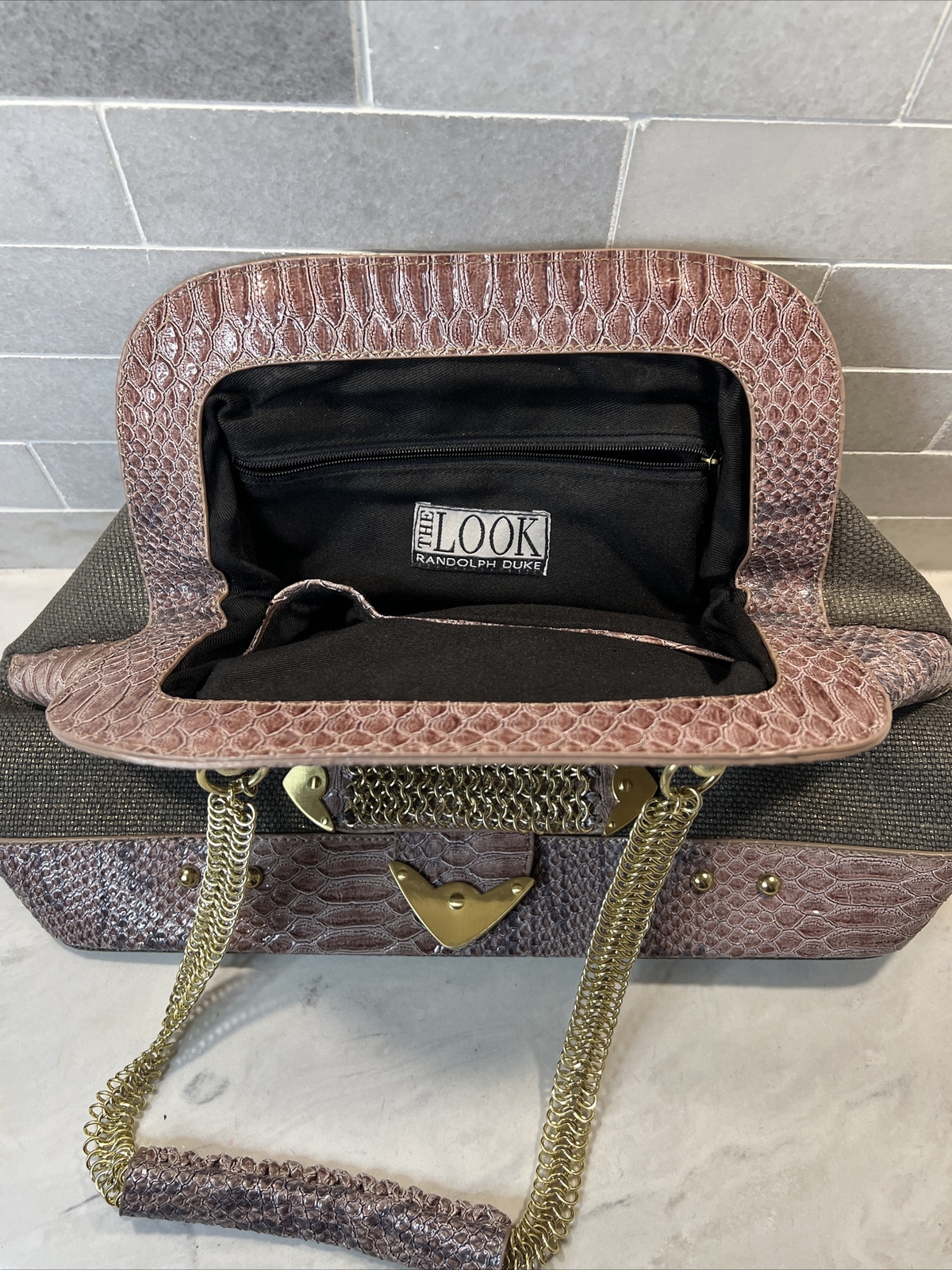 The Look by Randolph Duke Faux Croc Embossed Handbag Pink Purple Bling Bag