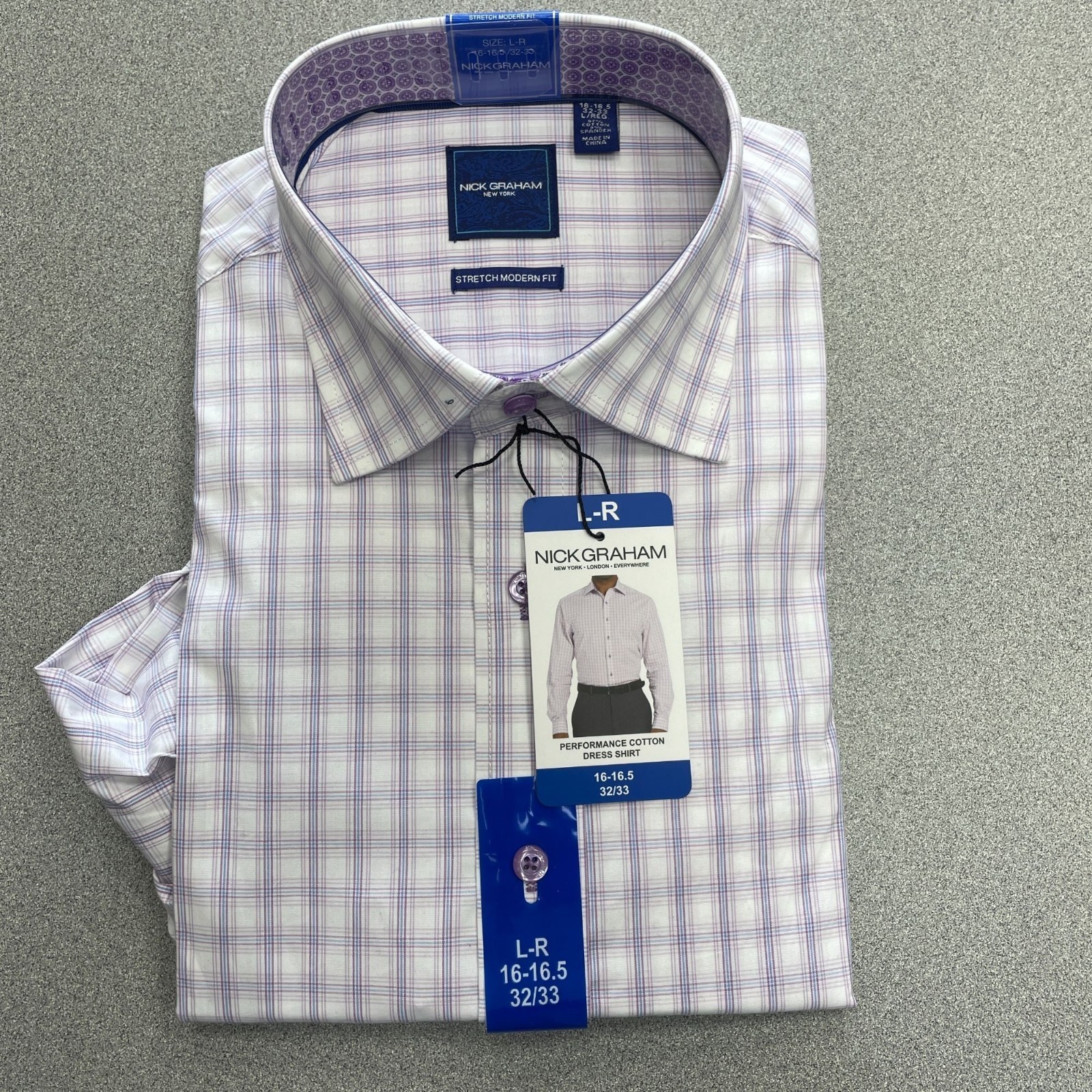 NEW Nick Graham Men’s L-R Performance Cotton Dress Shirt 16-16.5 32/33 Stretch