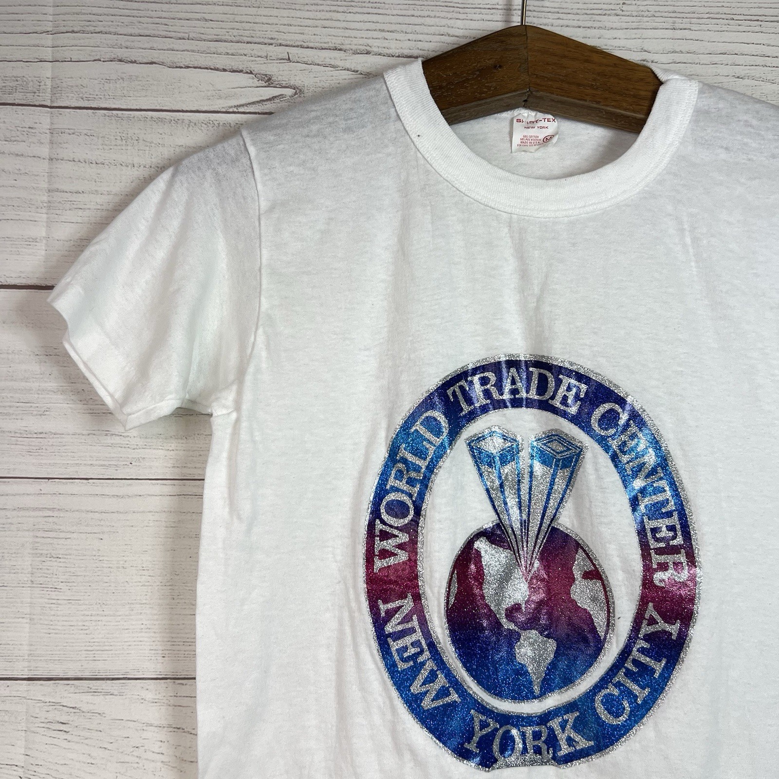 Vintage Shirt-Tex 80s 90s World Trade Center Glitter Graphic Single Stitch M USA