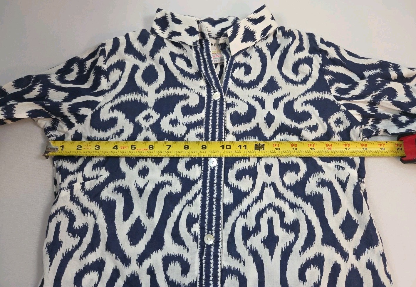 Gretchen Scott Blouse Blue White Swirl Button Up 3/4 Sleeve Size XS