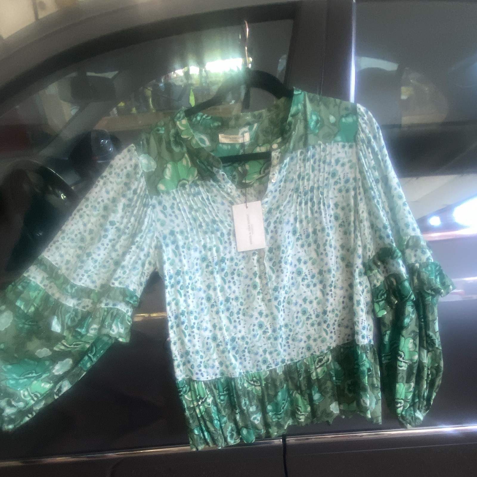 Spell & the Gypsy Green Floral V-Neck Bell Sleeve Ruffle Blouse, size small