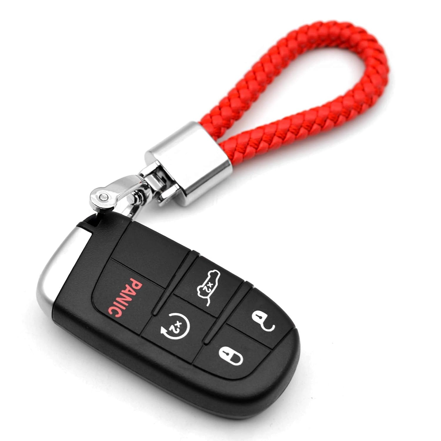 Red Leather Keychain Universal Car Fob Keychain Metal Keyring Woven Strap