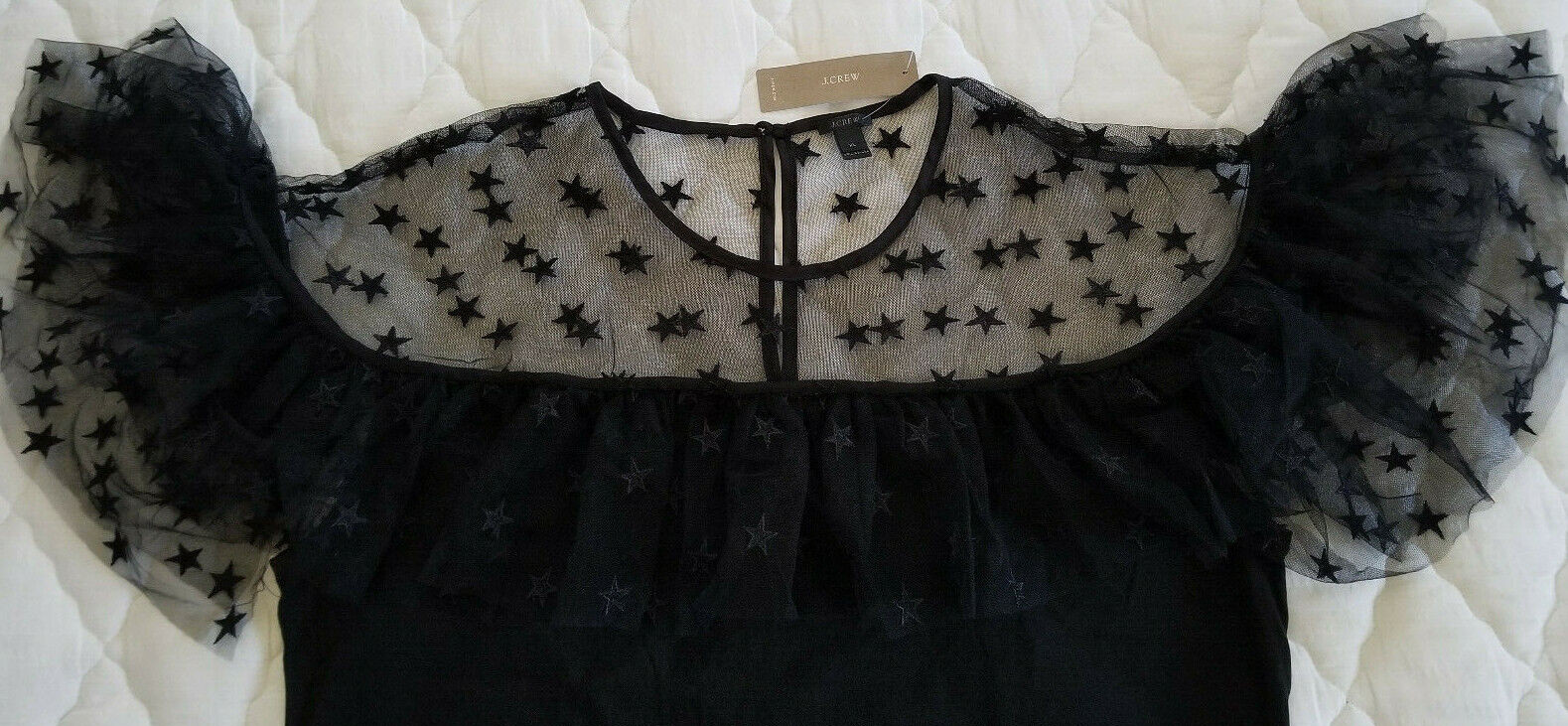 JCREW NWT XL Black Star Embroidered Mesh Ruffle trim dressy top flutter sleeve