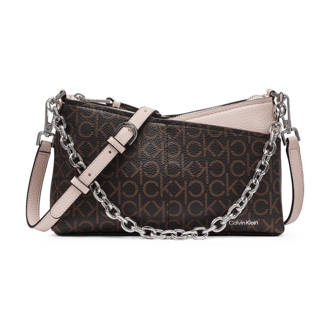 Calvin Klein Monogram Shoulder Bag Brown/Beige Zip Closure Chain Strap
