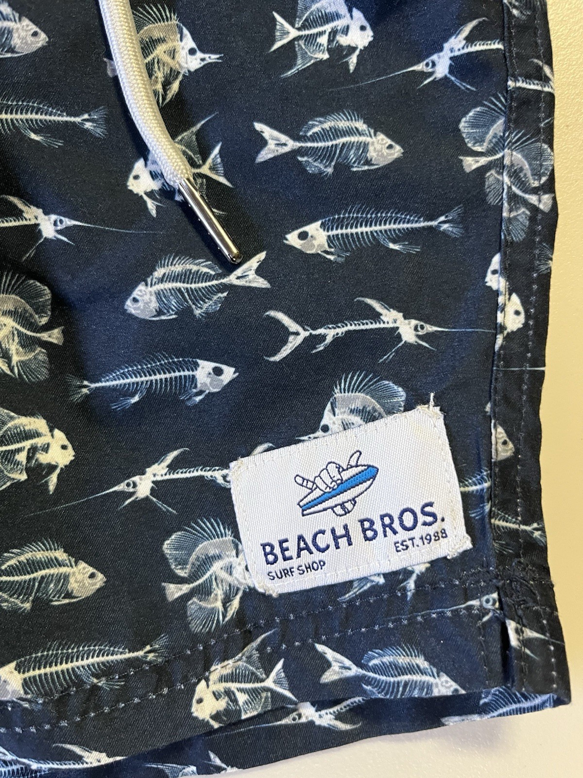 Men’s Beach Bros Swim Trunks Shorts Size M Blue/White Skeleton Fish Design