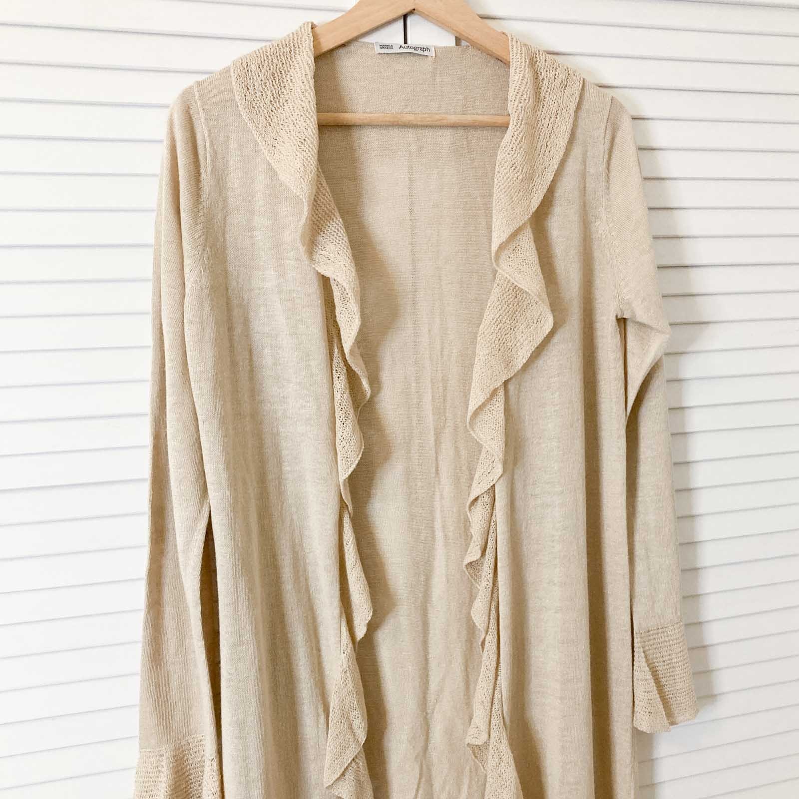 Autograph M&S Cardigan Size 12 Natural Beige Linen Blend Frill Trim Longline