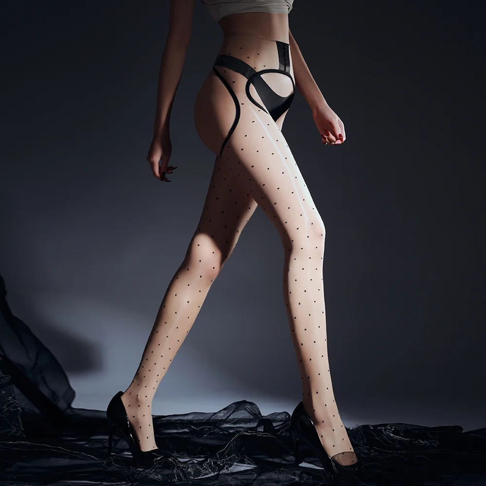 Women Open Crotch Pantyhose Thin Dot Elastic Stockngs Oil Glossy Shiny Tights